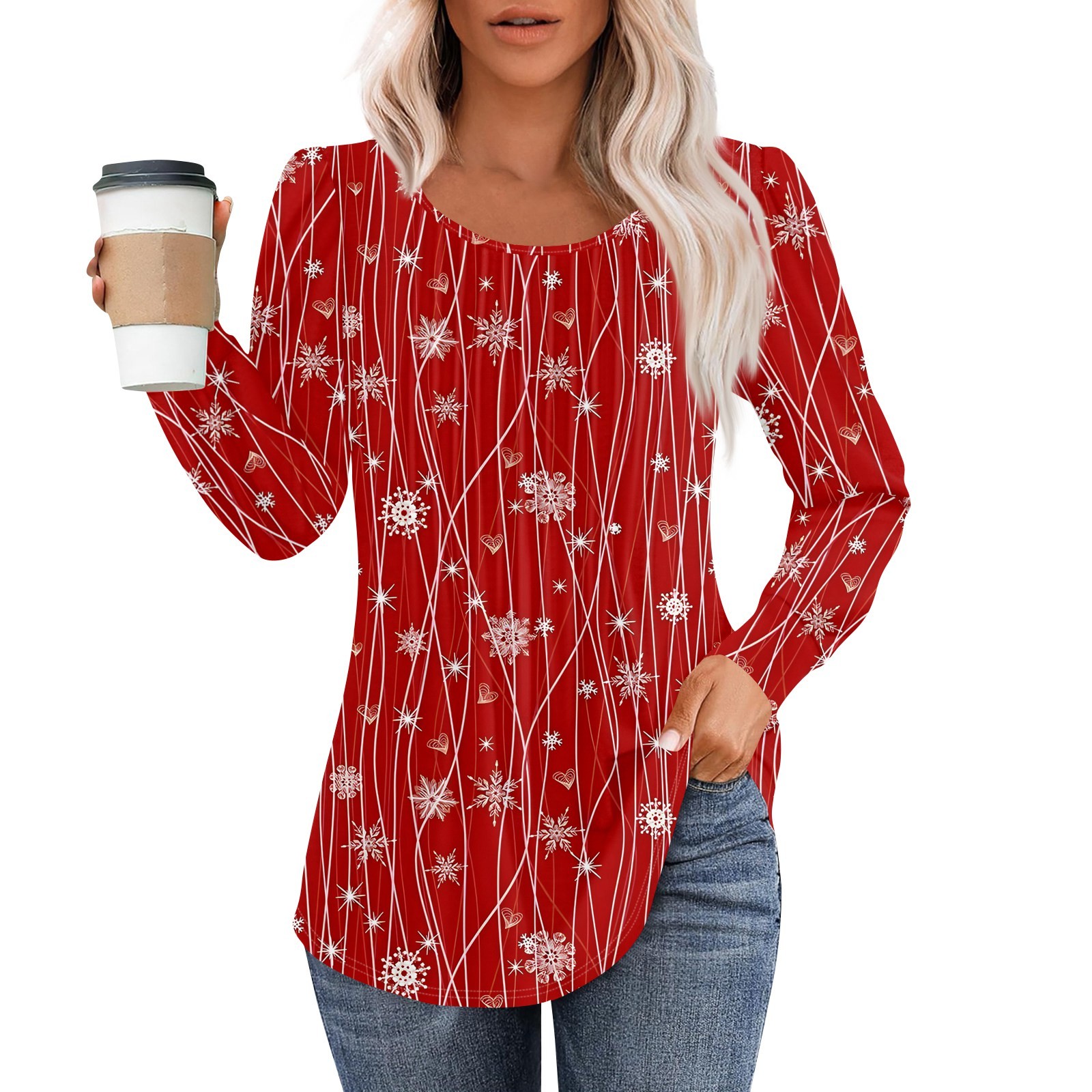 LHVUOA Womens Christmas Shirts Pleated Scooped Neck Long Sleeve Tunic
