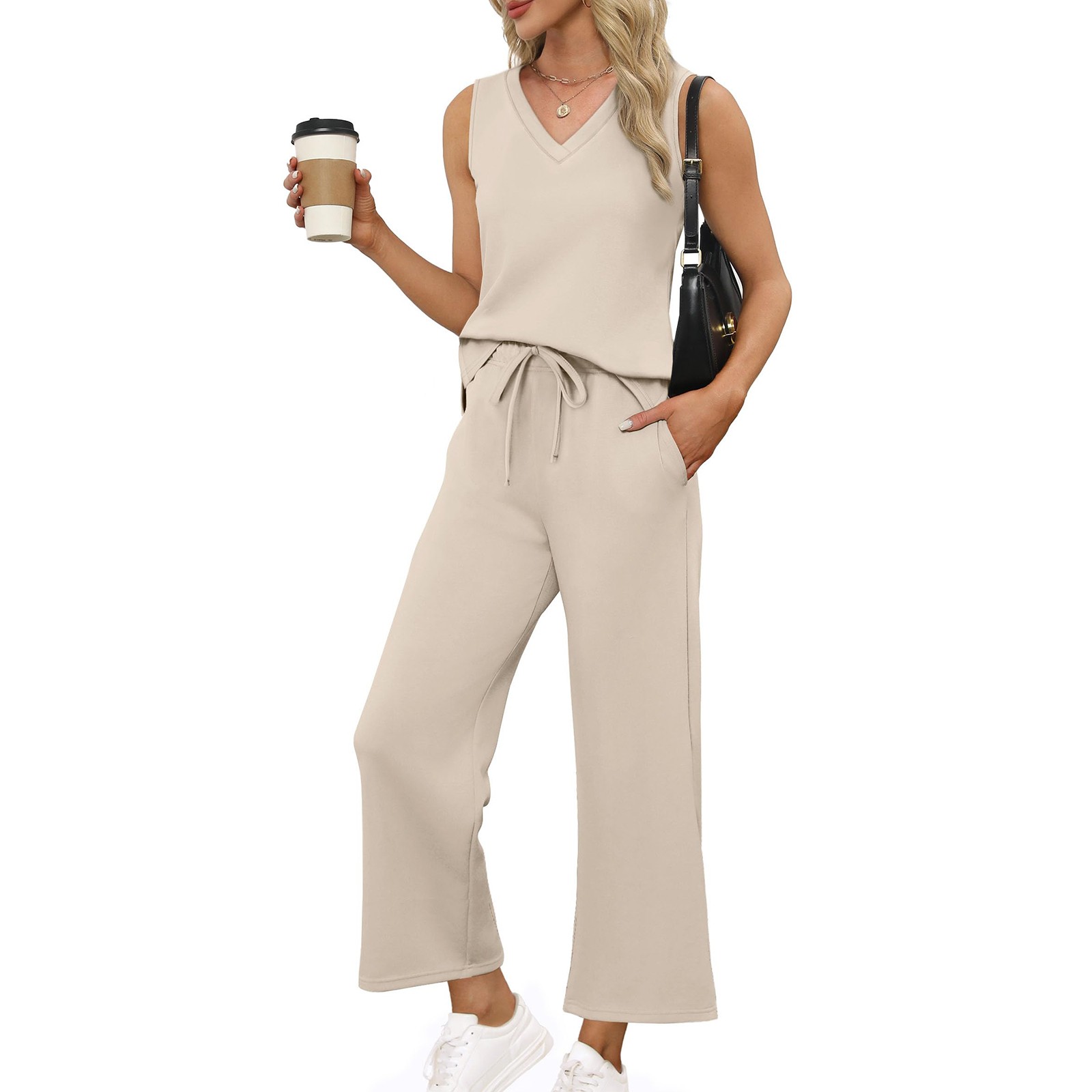 Women’s Casual V-Neck Top & High Waist Pants 2-Piece Set